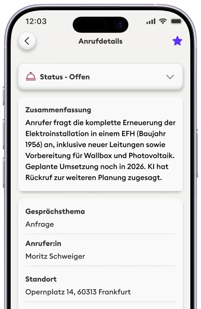 Neoling – Anrufdetails mit Zusammenfassung