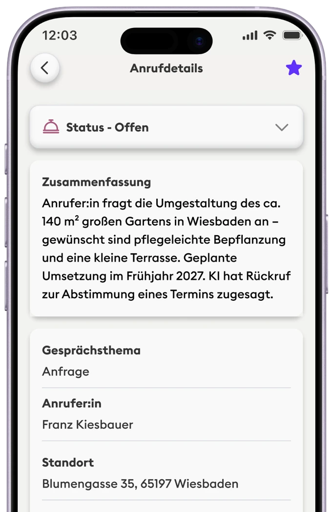 Neoling – Anrufdetails mit Zusammenfassung