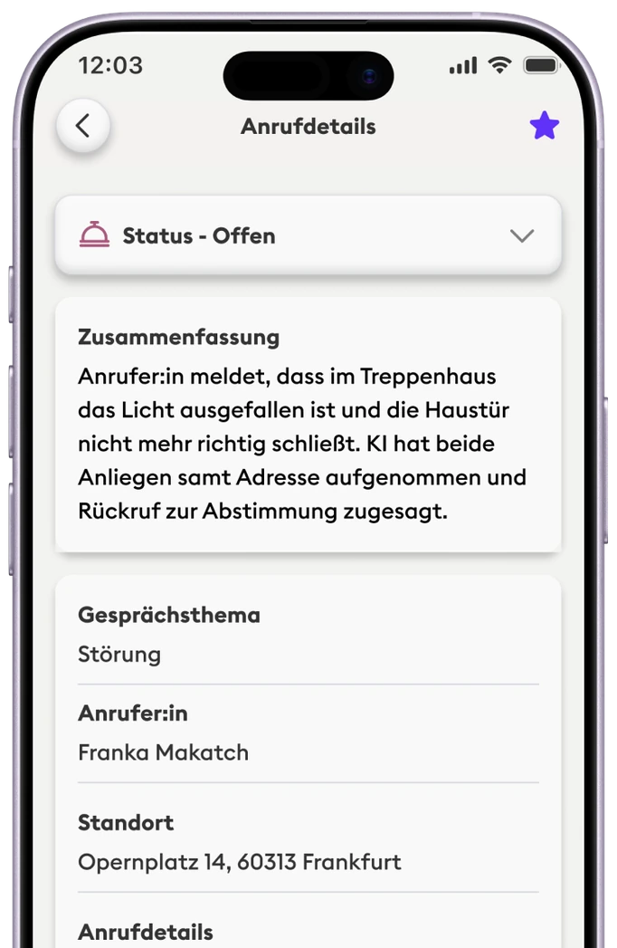 Neoling – Anrufdetails mit Zusammenfassung