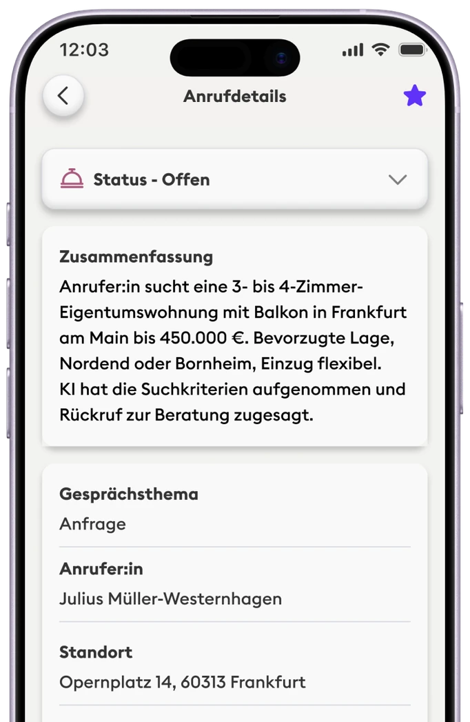 Neoling – Anrufdetails mit Zusammenfassung