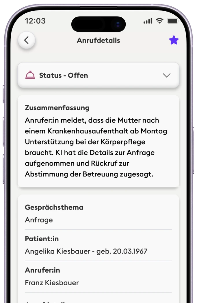 Neoling – Anrufdetails mit Zusammenfassung