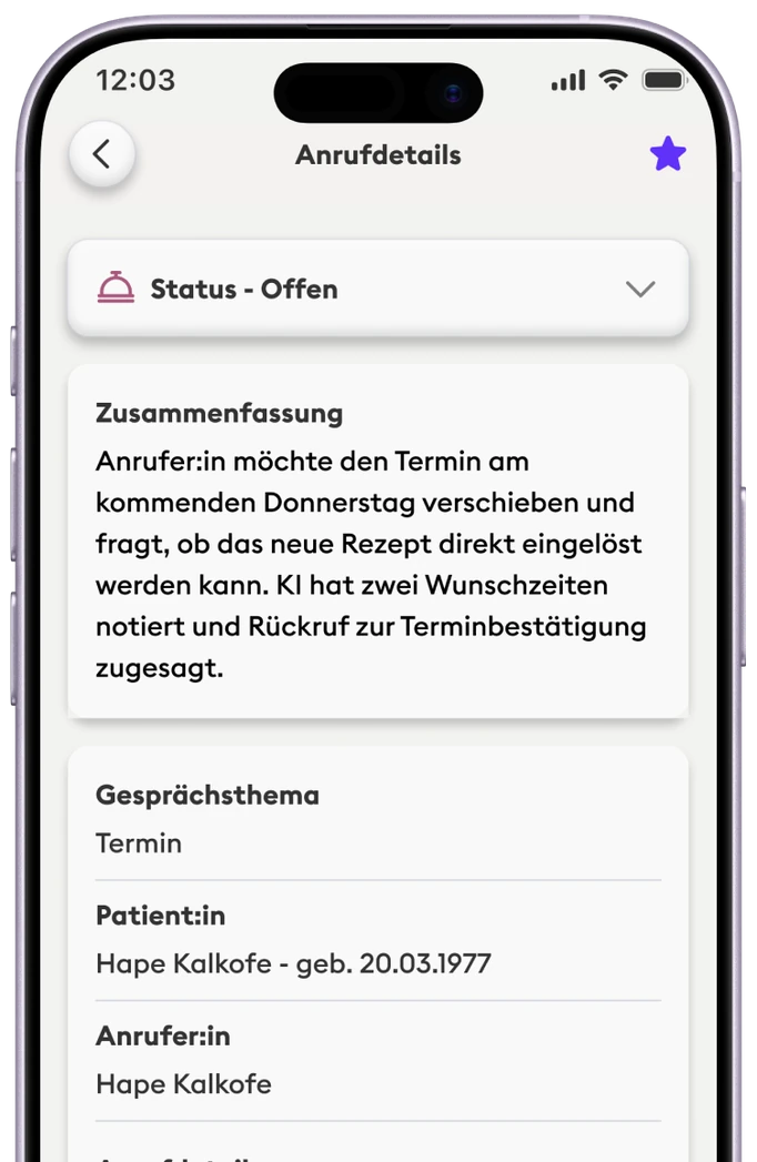 Neoling – Anrufdetails mit Zusammenfassung