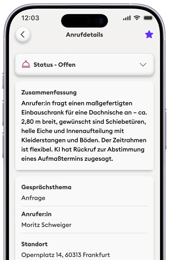 Neoling – Anrufdetails mit Zusammenfassung
